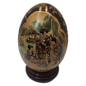 Japanese Satsuma Egg Porcelain Girl Maiden‎ Motif Hand Painted and Moriage Stand